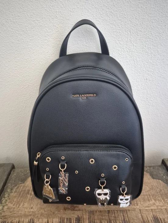 Karl Lagerfeld Paris Black  Backpack with Logo Straps and Charm Accents - Picture 4 of 16